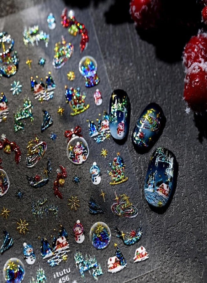 Maigitur Christmas Nail Stickers for Nail Art 3D Self Adhesive Laser Colorful Nail Art Stickers Aurora Crystal Ball Nails Designs Glitter Snowman 5D Embossed Nails Decals for Women DIY Acrylic Nail 1 Sheet - Image 5